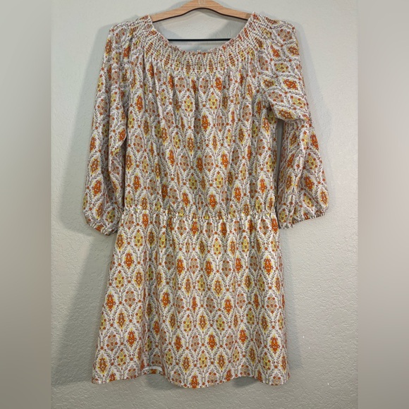 Sanctuary Elle Off Shoulder Boho Orange and Cream Print Dress Size L - Picture 5 of 12